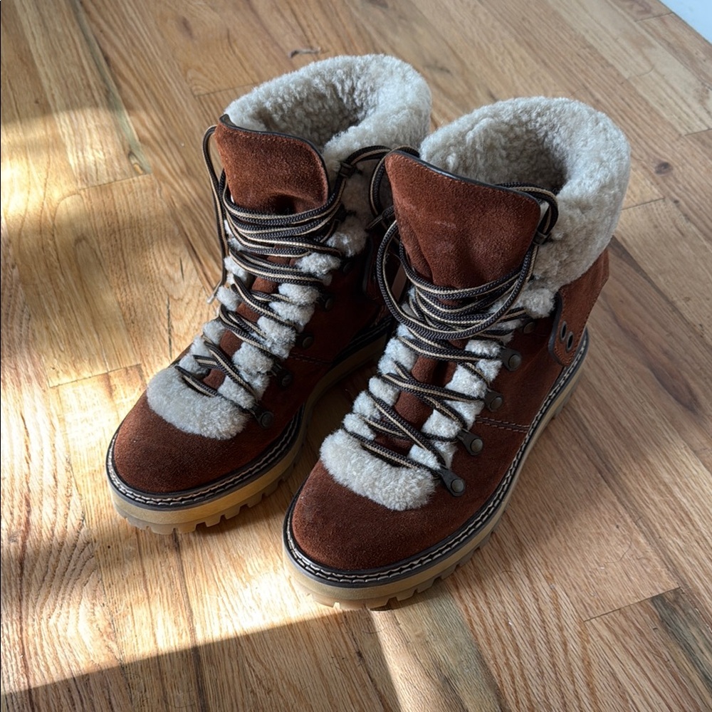 See By Chloe Brown Suede Winter Boots with Cozy Fur Lining